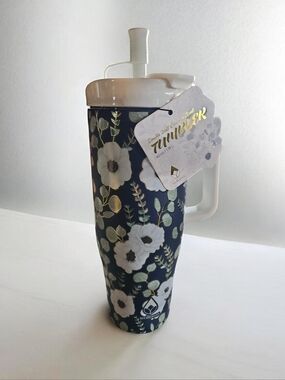 Floral Stainless Steel Tumbler with Handle - Navy White